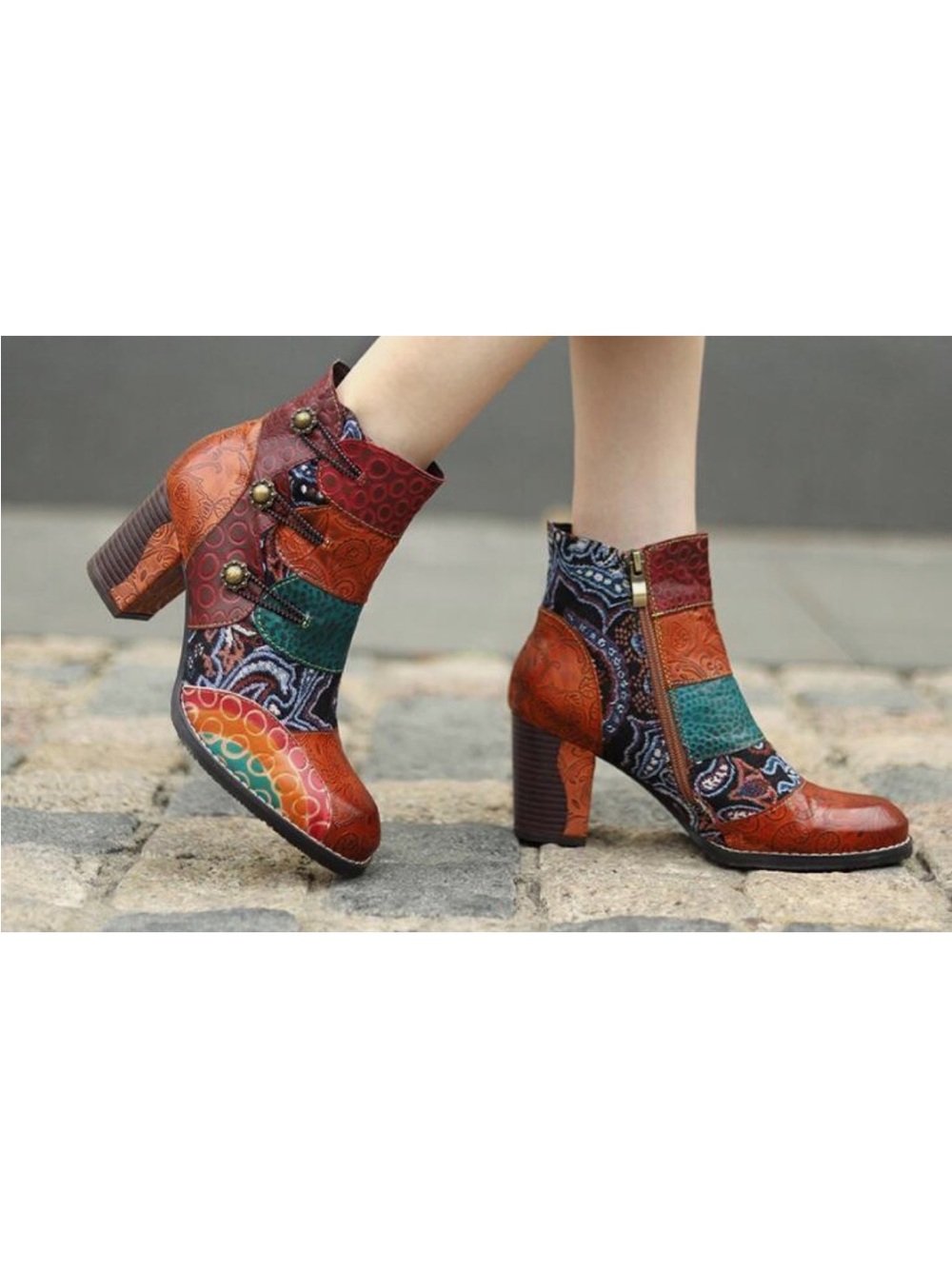 Socofy Leather Zip Round Toe Sewing High Block Heel Patchwork Ankle Boots